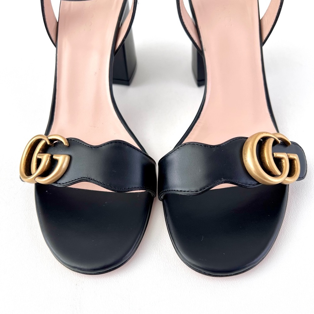 GUCCI | Marmont Double GG Black Leather Mid Heel Block Sandal EU 37.5 US 7.5 - Picture 4 of 14